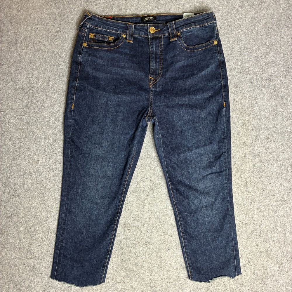True Religion Jennie Curvy Capri Jeans Womens 33x19 Stretch Waist Blue Studded
